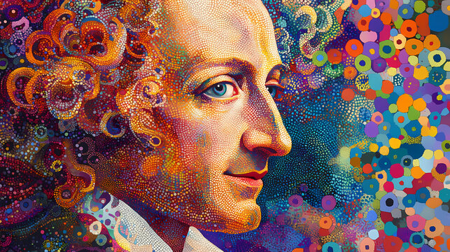 Baroque music pointillism a portrait of vivaldi composed entirely of colorful dots, mimicking the meticulous detail and texture of his four seasons concertos. Pointillist Portrait. Illustration
