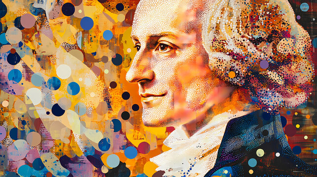 Baroque music pointillism a portrait of vivaldi composed entirely of colorful dots, mimicking the meticulous detail and texture of his four seasons concertos. Pointillist Portrait. Illustration