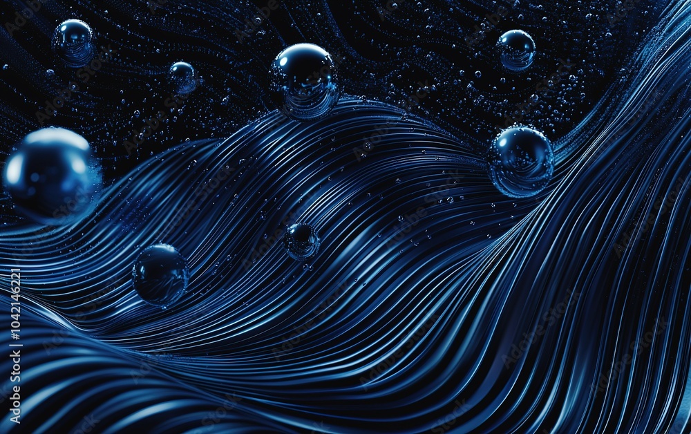 Poster abstract representation of water waves with bubbles, showcasing movement and fluid dynamics in a dee
