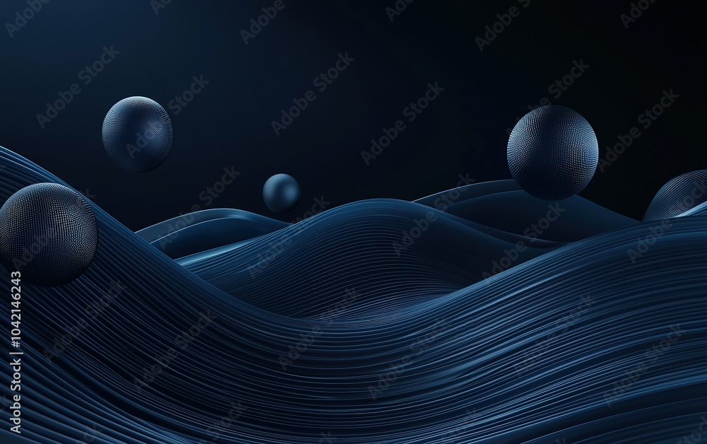 Poster swirling blue waves with textured spheres floating in a dark atmosphere, creating a captivating abst