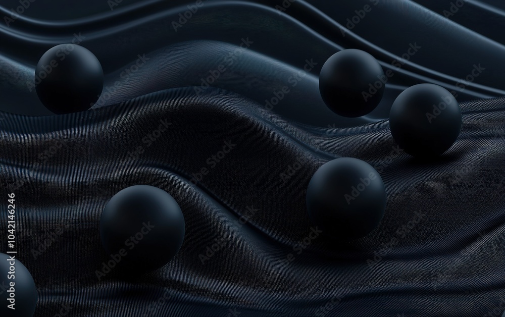 Aufkleber abstract composition of black spheres resting on dark, wavy fabric, creating a mysterious and captiv
