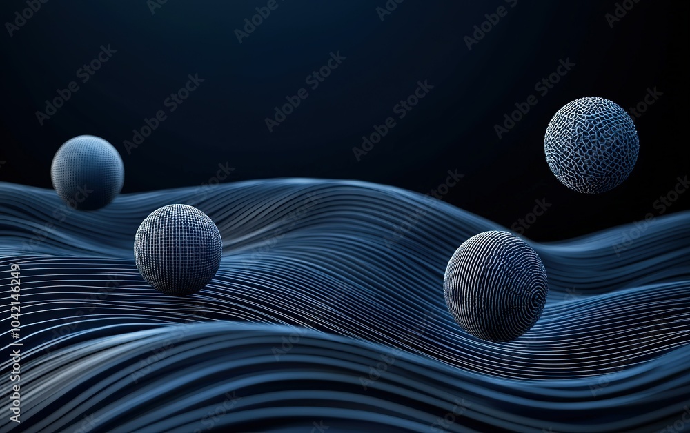 Poster abstract digital representation of spheres floating above curving lines in a dark space showcasing a