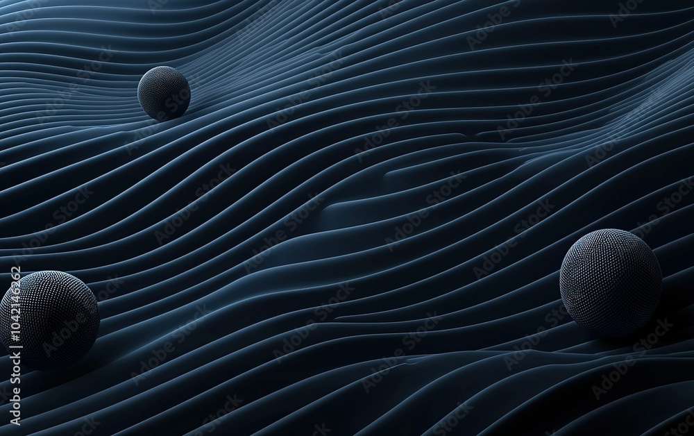 Poster contemporary abstract design featuring textured waves and spherical shapes on a dark background in a