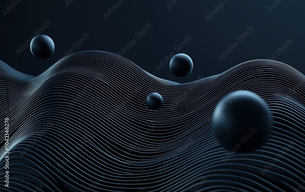 Poster abstract black waves with spheres floating above, creating a modern and surreal visual experience