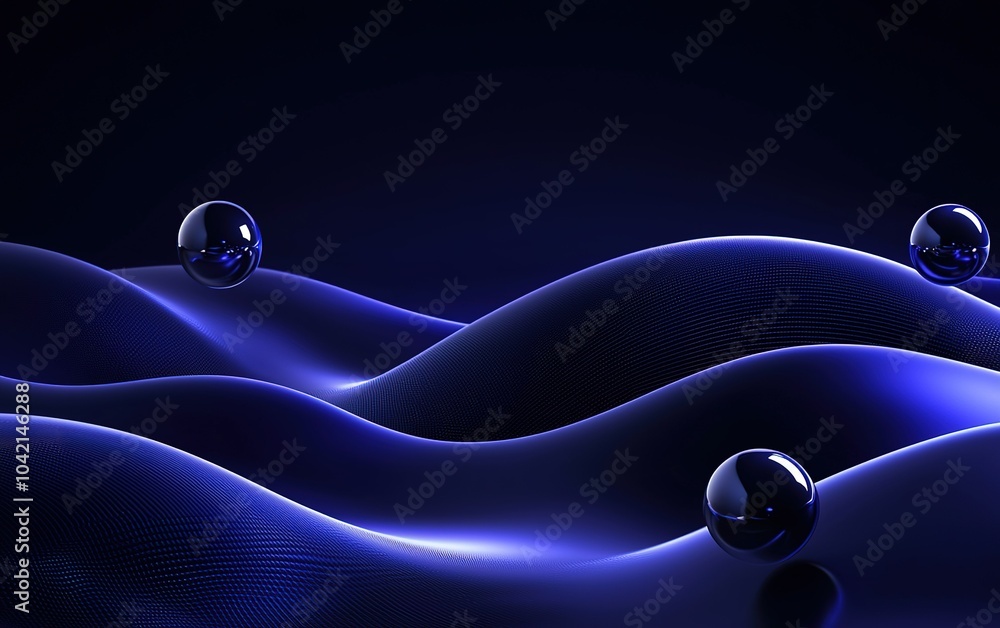 Aufkleber abstract blue waves with reflective spheres in a dark setting creating a serene and modern visual ex