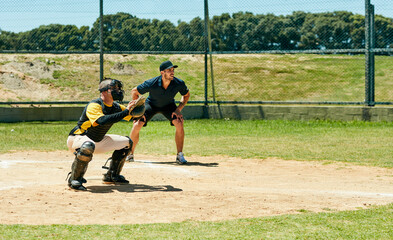 Baseball, match and people with catcher at pitch for league, training or outdoor sports competition. Field, fitness and player with mitt by umpire for workout, exercise or practice game in tournament
