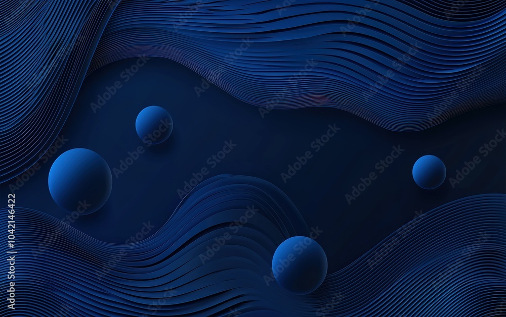 Poster dark blue waves with spherical shapes creating a modern abstract design suitable for backgrounds and