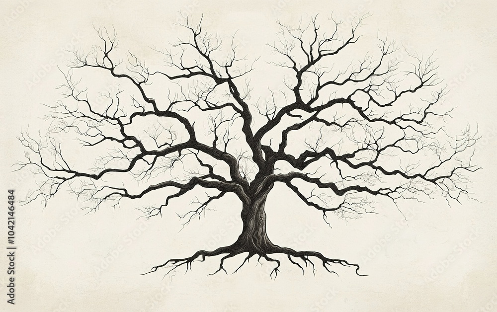 Poster detailed illustration of a bare tree with intricate branches and roots on a plain background