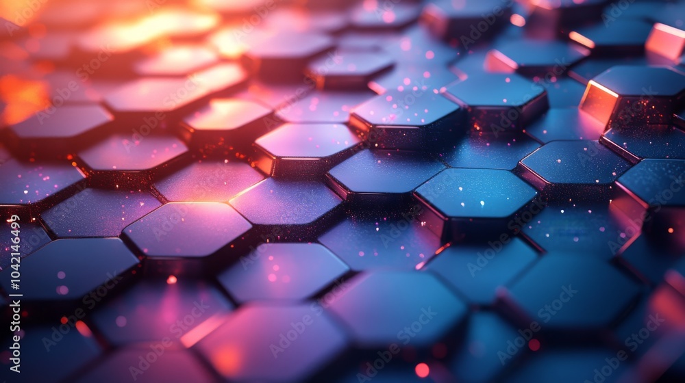 Aufkleber A captivating arrangement of hexagonal shapes showcases a blend of hues illuminated by soft, warm lighting, creating a mesmerizing visual effect in a dark environment.
