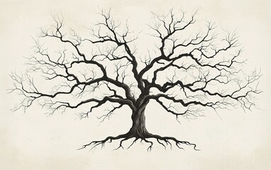 Fototapeta premium Detailed illustration of a bare tree with intricate branches and roots on a plain background