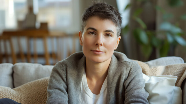 Portrait of stylish queer individual indoors.