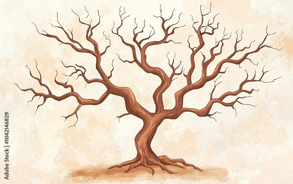Poster a detailed illustration of a bare tree with intricate branches against a soft background conveying a