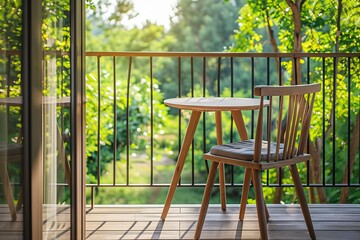 Beautiful balcony with small table, chair and flowers