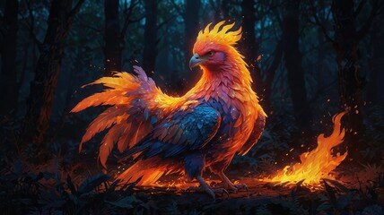 The idea of the fire-colored phoenix Concept of a flaming phoenix that glows with blue smoke and fire brightness
