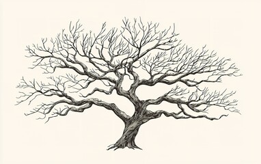Obraz premium A detailed black and white illustration of a leafless tree with intricate branches set against a light background