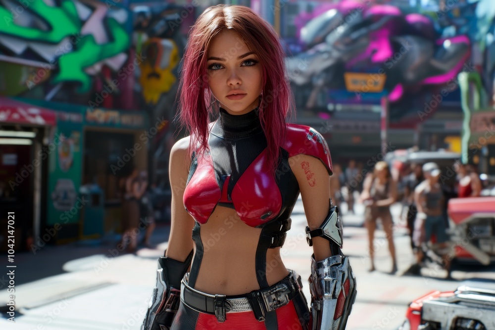 Aufkleber cyberpunk future, where diverse people interact with ai and virtual reality in a bustling high-tech 