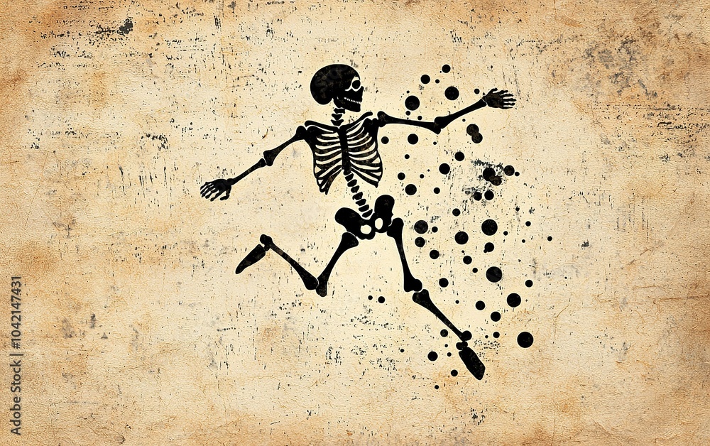Poster a playful skeleton running joyfully across a textured background in an artistic representation of mo