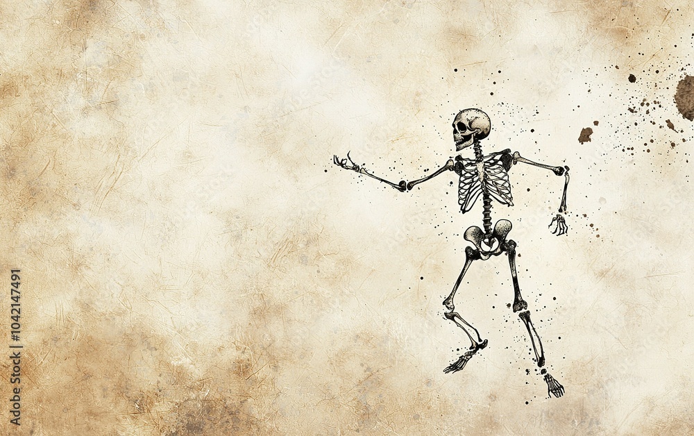 Poster an artistic depiction of a dancing skeleton against a textured beige background in a whimsical style