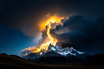 Fototapeta premium Dark, stormy sky over Monte Fitz Roy, with lightning illuminating the jagged peaks and casting long shadows over the rugged landscape