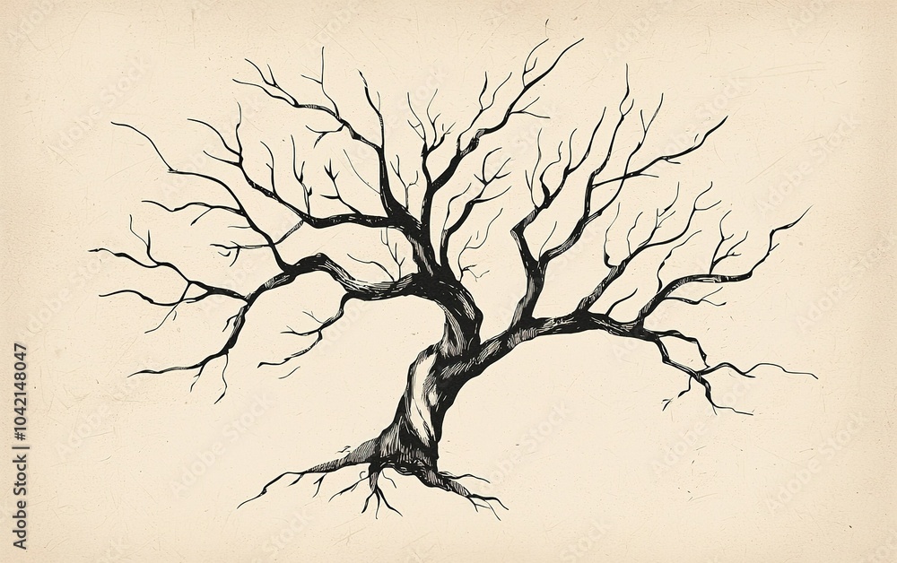Aufkleber detailed drawing of a gnarled tree with bare branches set against a simple background, showcasing in