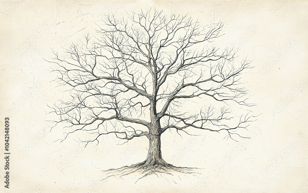 Poster a detailed illustration of a bare tree with intricate branches and roots on a light background