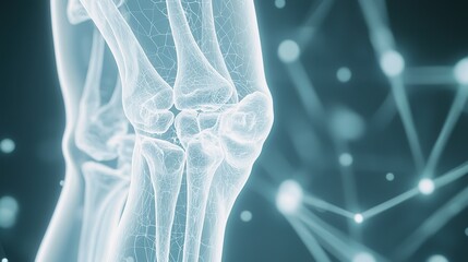 Anatomical illustration of a human knee joint showcasing bone structure and surrounding tissues against a dark background