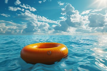 Obraz premium An orange inflatable ring floats on the calm sea under a bright sky with clouds. Concept of relaxation and summer vacation. For beach adventure photo.