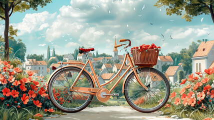 Fototapeta premium A bicycle with a basket full of flowers in a picturesque countryside setting, Generative AI
