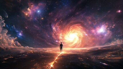 Fototapeta premium Person Walking Toward a Vibrant Cosmic Vortex in a Fantasy Landscape