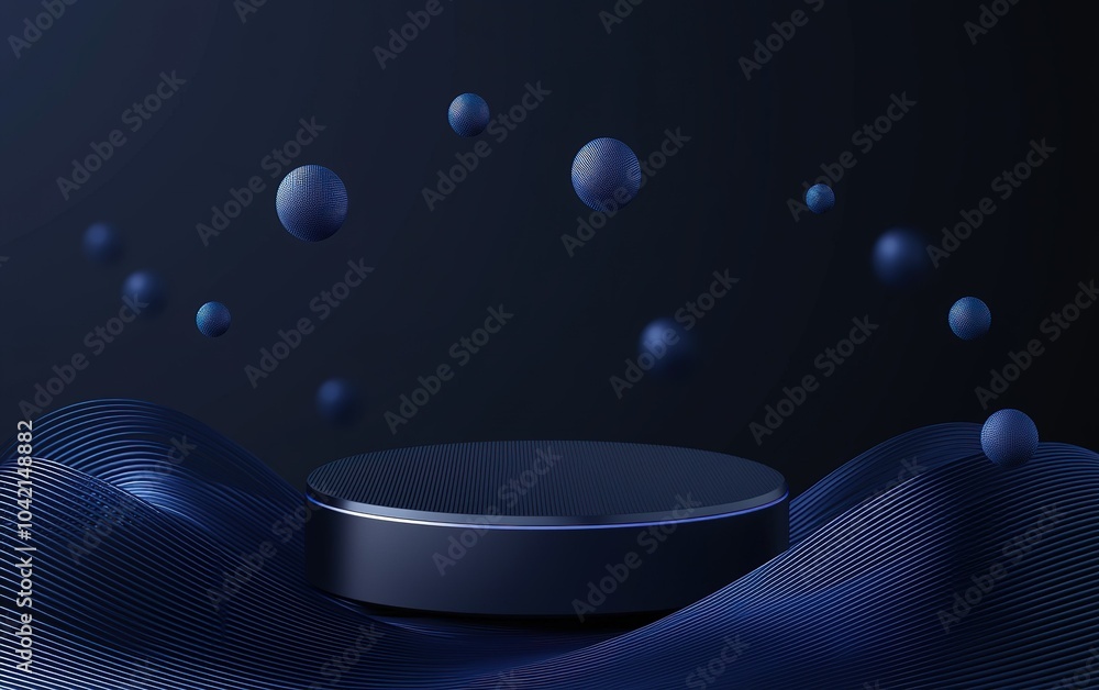 Poster a modern abstract display featuring floating spheres and a circular platform on dark blue textured w