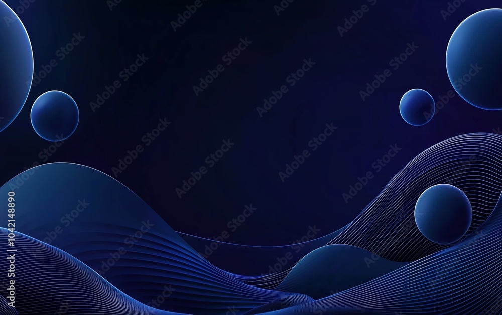 Poster abstract digital landscape with smooth wave patterns and floating spheres at night