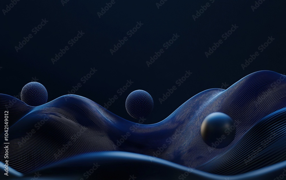 Poster dynamic abstract waves with spheres in a dark blue setting showcasing depth and movement at a concep