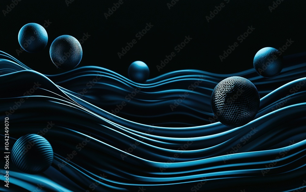 Aufkleber abstract blue waves with textured spheres moving through in a dark setting, creating a dynamic visua