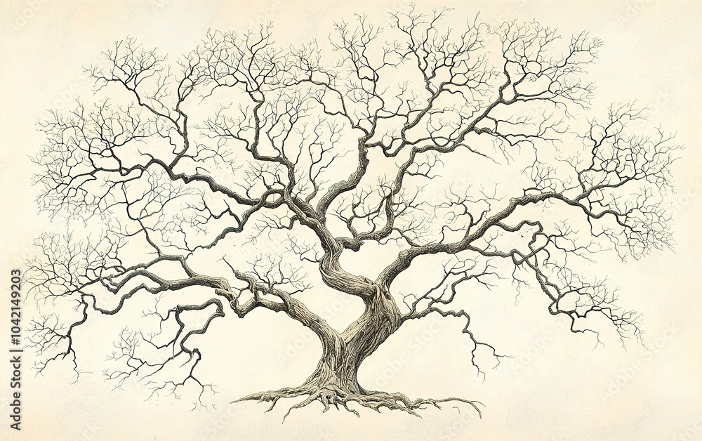 Poster detailed illustration of a barren tree with intricate branches, showcasing the complexity of nature'