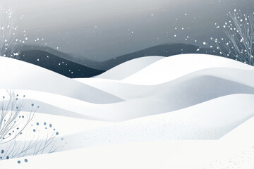 Serene winter landscape with snowy hills and falling snowflakes