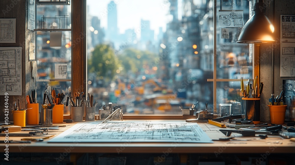Poster a cluttered workspace with a blueprint on the table, a lamp, and a window overlooking a bustling cit