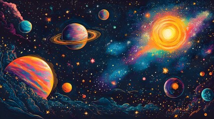 Hand-Drawn Cosmic Scene with Colorful Planets