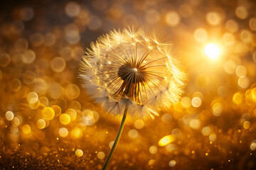 A dandelion stands luminous against a backdrop of shimmering golden light, capturing the beauty of nature and fleeting moments.