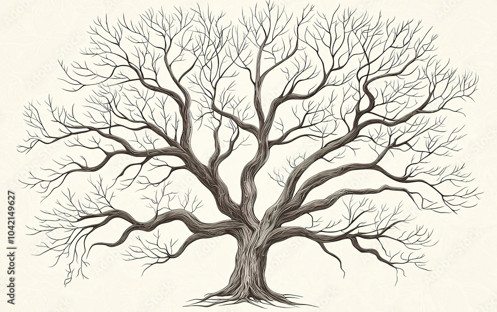 Aufkleber a detailed line drawing of a large, leafless tree with intricate branches set against a plain backgr