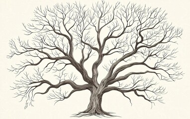 Obraz premium A detailed line drawing of a large, leafless tree with intricate branches set against a plain background