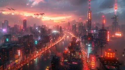 Fototapeta premium Bright city with skyscrapers and neon lights along a river at twilight, featuring flying vehicles, Generative AI