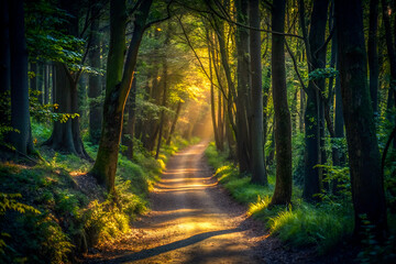 Obraz premium A serene forest path illuminated by golden sunlight, surrounded by lush trees and greenery, inviting exploration and tranquility.