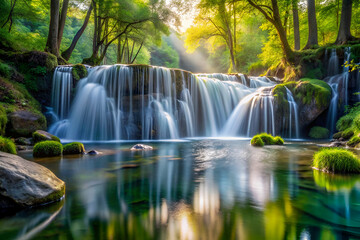 Obraz premium A serene waterfall cascades into a tranquil pool, surrounded by lush greenery and illuminated by soft sunlight filtering through the trees.