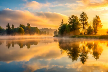 Obraz premium A tranquil sunrise scene over a misty lake, reflecting vibrant colors and silhouettes of trees against a serene backdrop.