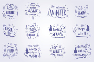 bundle of winter quotes illustration lettering vector printing design