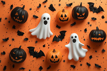 A fun Halloween print background with cartoon pumpkins, ghosts, bats, and witches flying across a neon orange surface.
