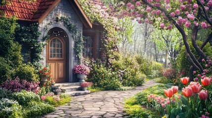 Fototapeta premium Detailed view of a cozy cottage house with a blooming garden, filled with roses, tulips, and green shrubs.