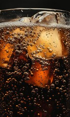 Close up of dark drink with ice and bubbles.