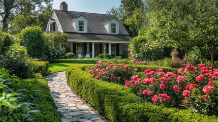 Fototapeta premium Detailed view of a traditional house with a vibrant garden full of blooming roses, green shrubs, and a stone walkway.