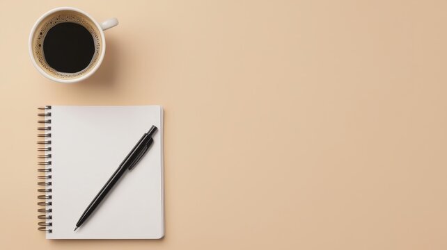 Coffee cup, notebook, and pen on a minimalist background, perfect for planning.